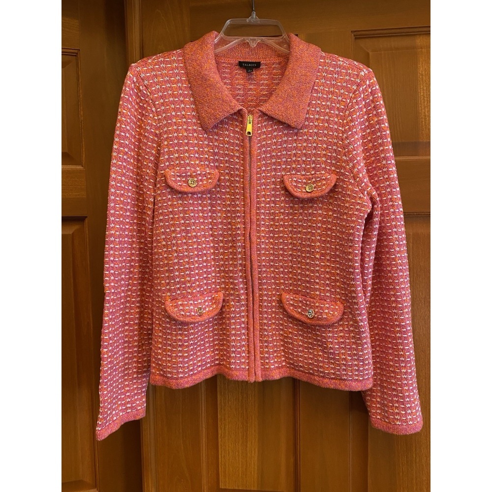 Talbots Tweed Jacket Pink Gold Zip Chunky Knit Size Large Mature Classy